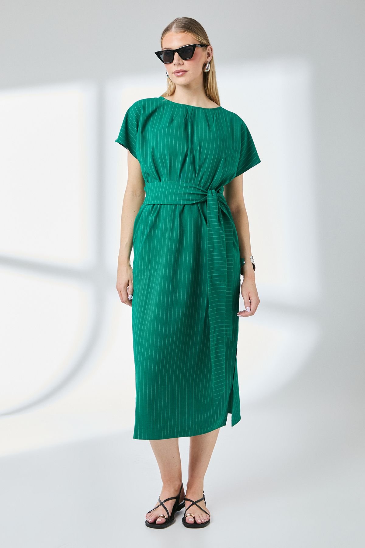 Principles Principles Women's Green Stripe Tie Waist Midi Dress - 2