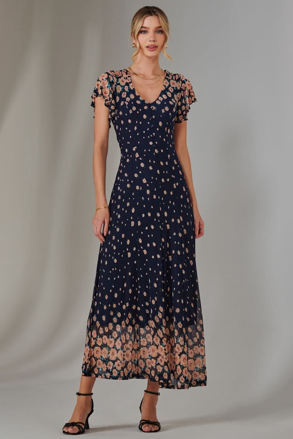 Jolie Moi Jolie Moi Women's Gina Mirrored Print Mesh Maxi Dress in Navy