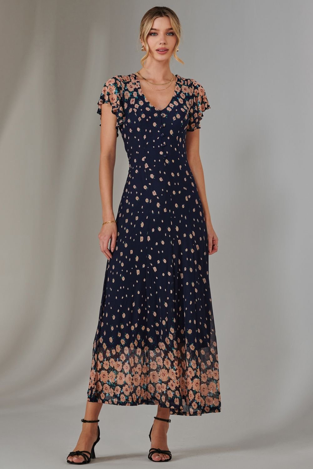 Jolie Moi Jolie Moi Women's Gina Mirrored Print Mesh Maxi Dress in Navy - 3