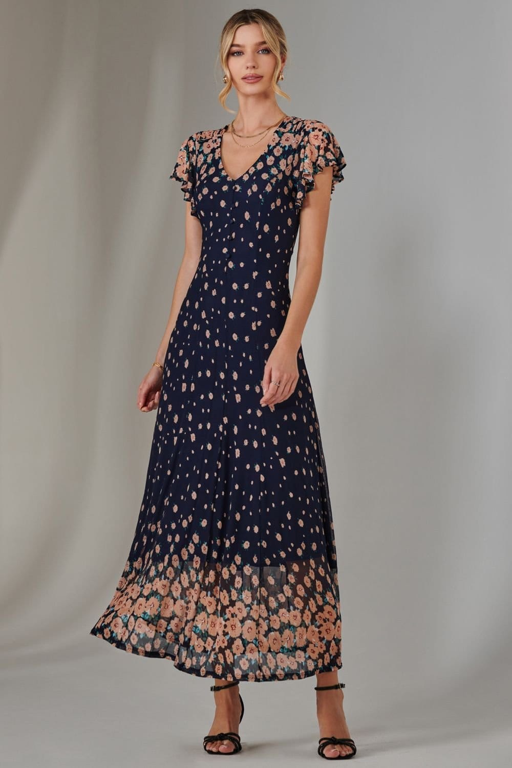 Jolie Moi Jolie Moi Women's Gina Mirrored Print Mesh Maxi Dress in Navy - 4