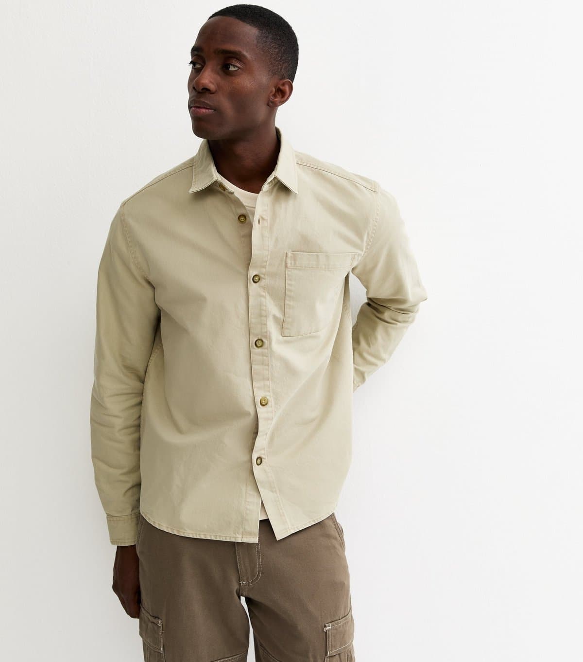 New Look Men's Light Khaki Oversized Cotton Twill Overshirt New Look