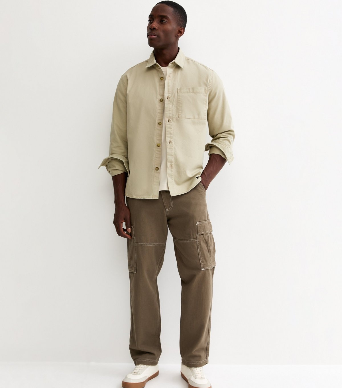 New Look Men's Light Khaki Oversized Cotton Twill Overshirt New Look - 3