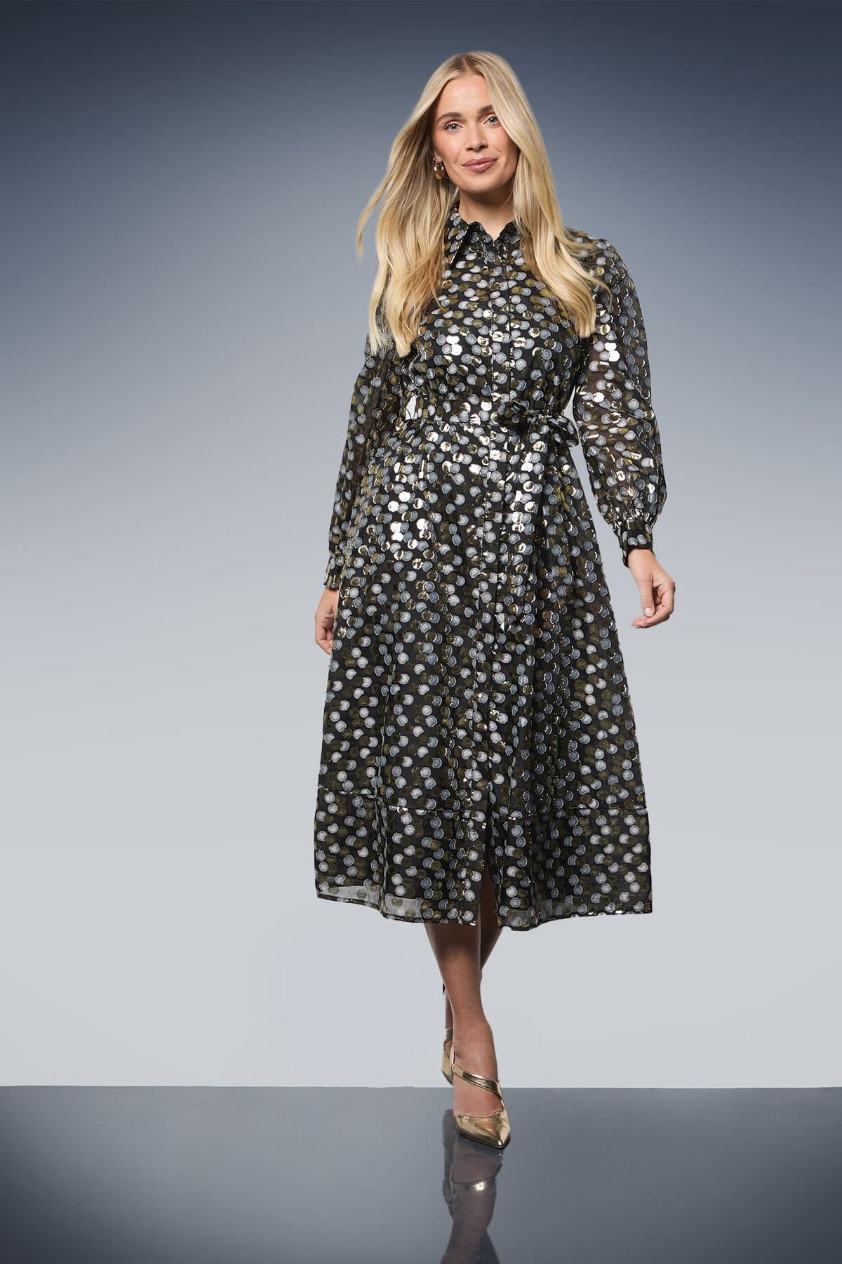 Wallis Wallis Women's Petite Glitter Spot Organza Shirt Midi Dress in Gold