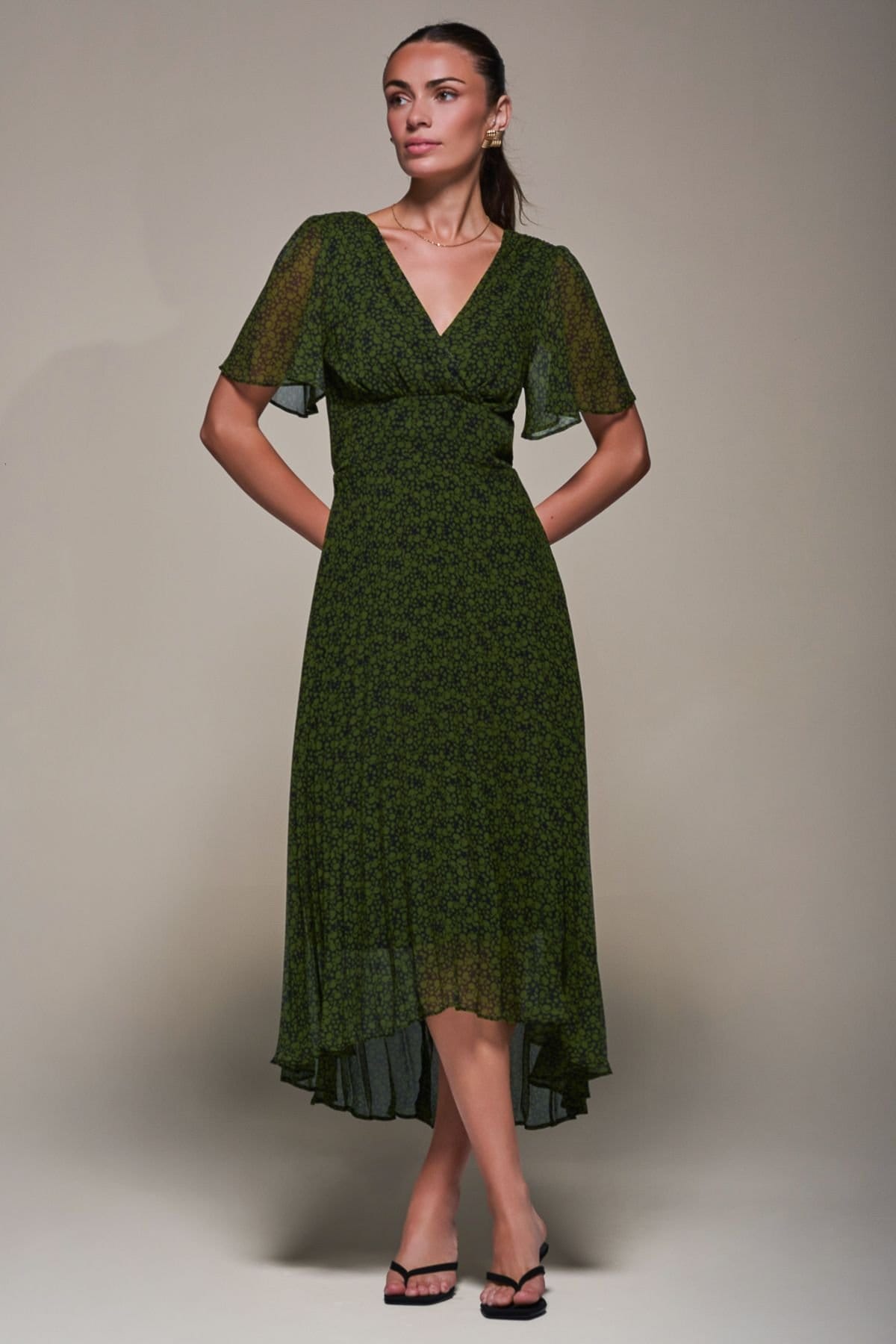 Jolie Moi Jolie Moi Women's Chiffon Pleated Dip Hem Maxi Dress in Green - 4
