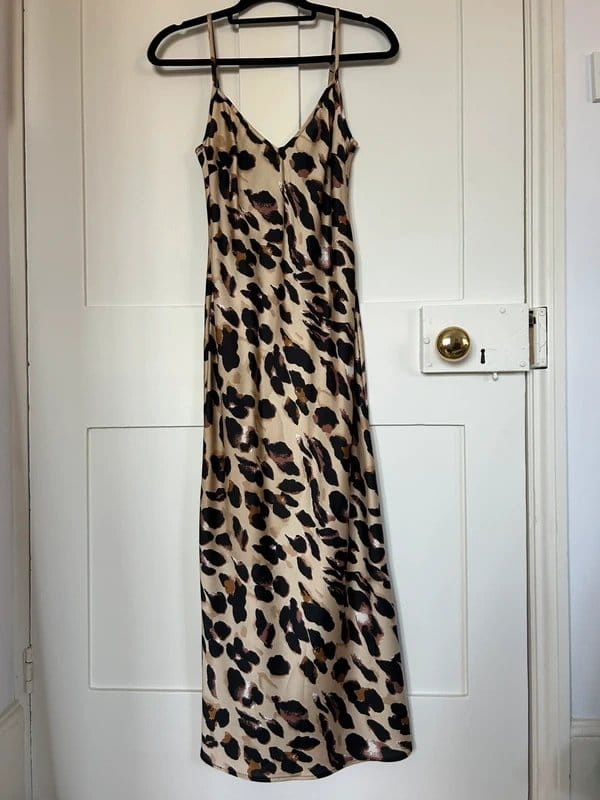 Never Fully Dressed Leopard Satin Slip Dress
