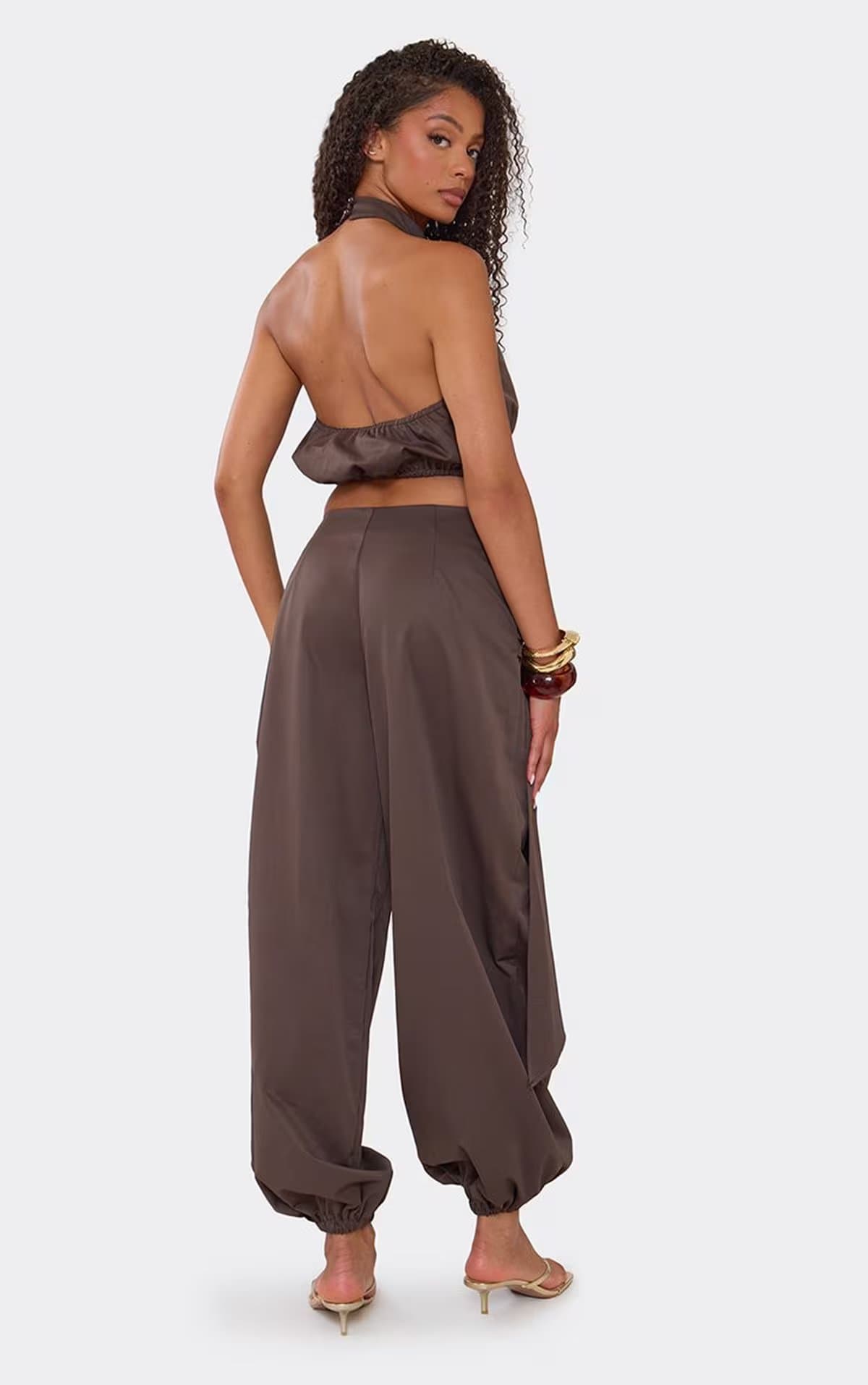 EGO Drape Detail Cuffed Hem Balloon Trousers In Chocolate Brown, Women's Size UK 6