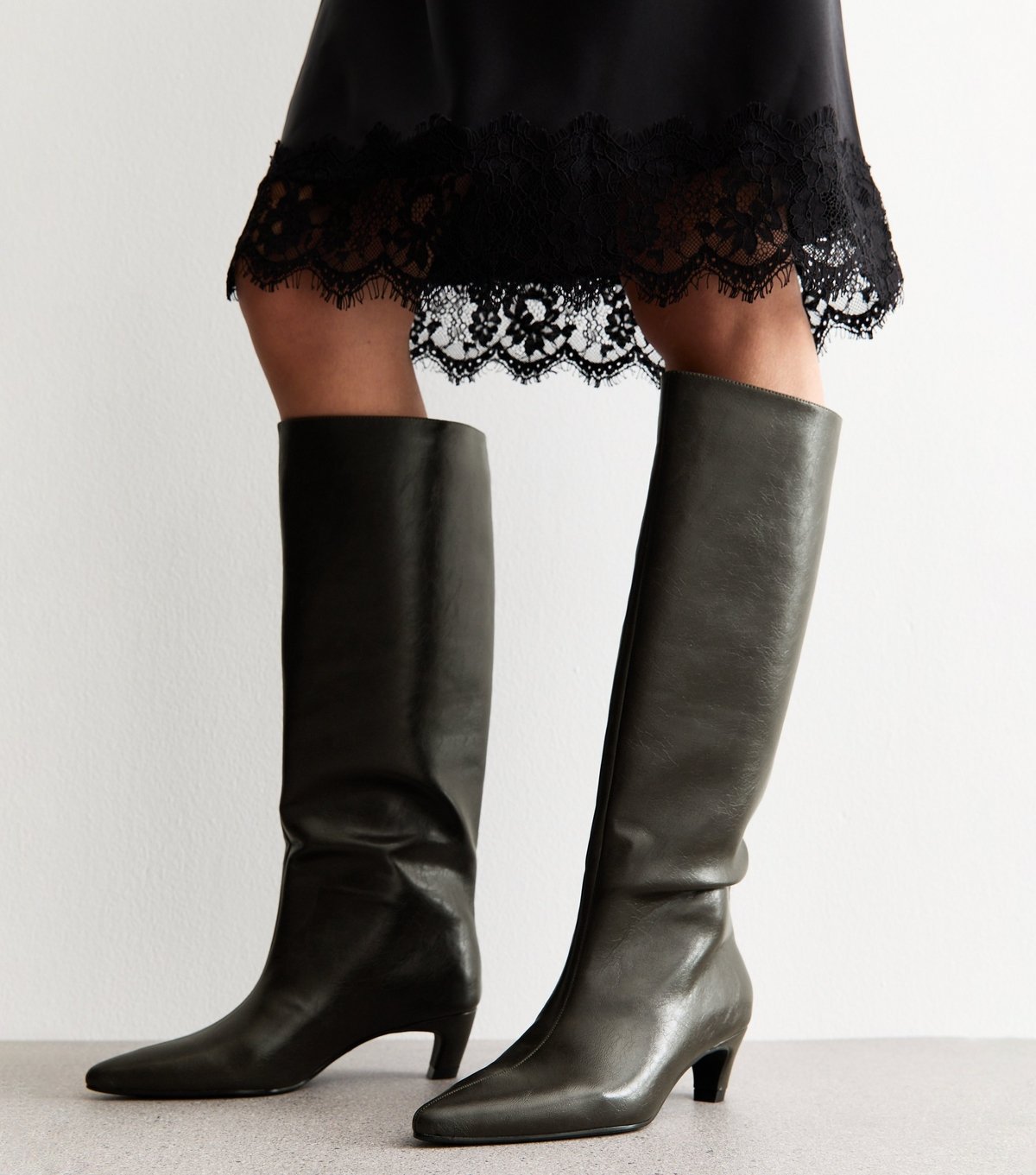 New Look Women's Dark Green Faux Leather Knee High Boots Vegan New Look - 2