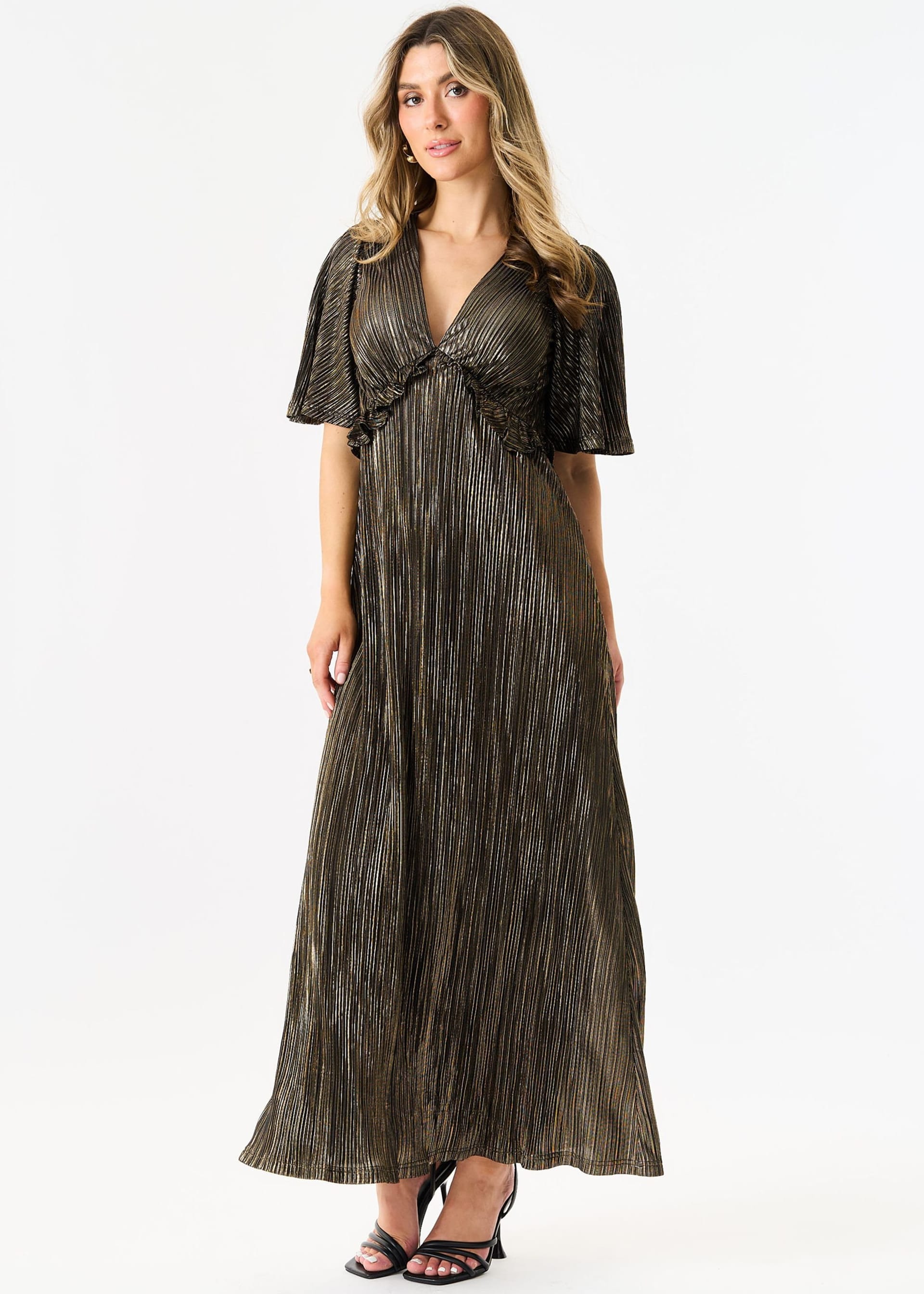 Gini London Black Metallic Plisse One-Shoulder Maxi Dress