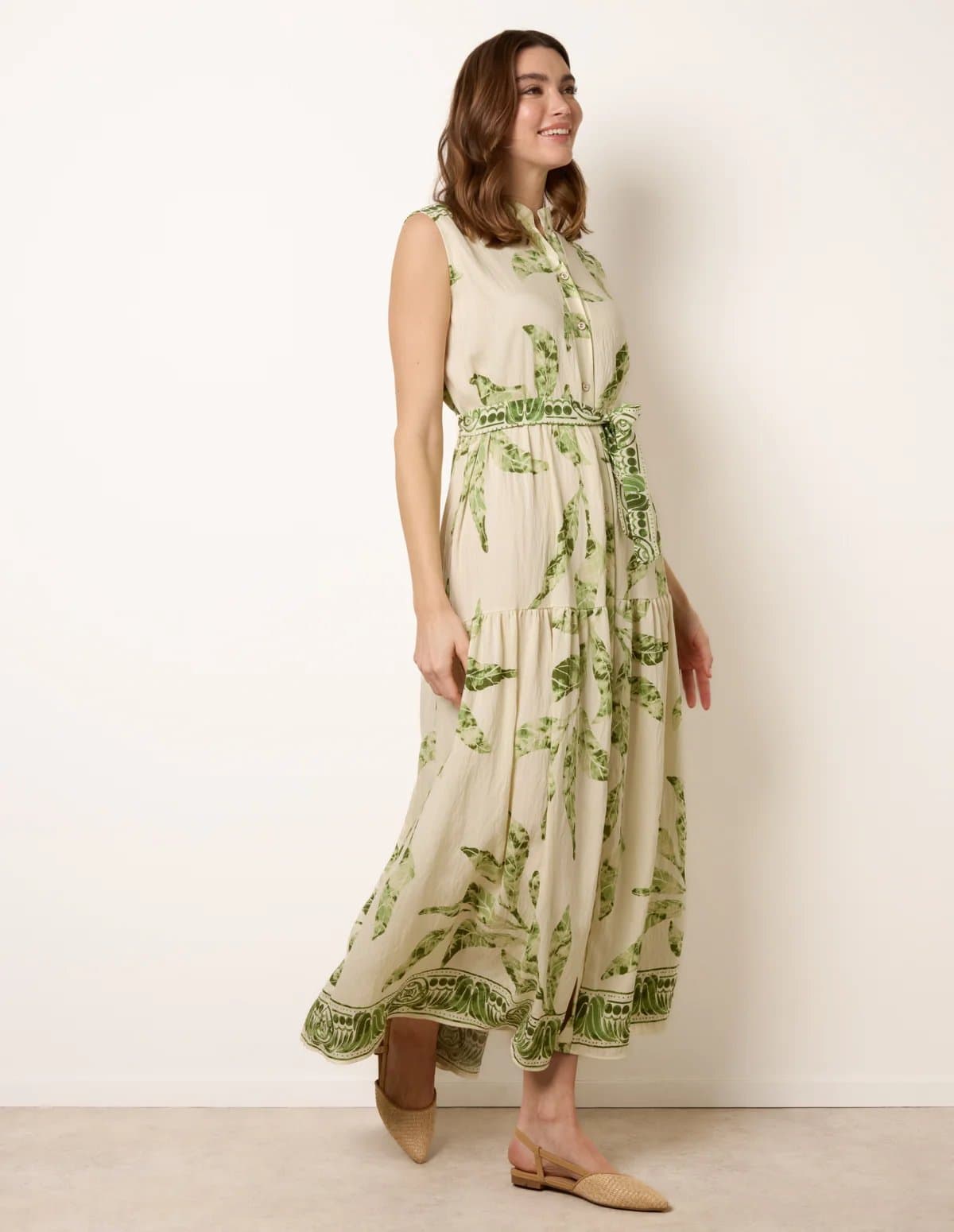 Blue Vanilla Leaf Print Collarless Shirt Dress With Belted Waist