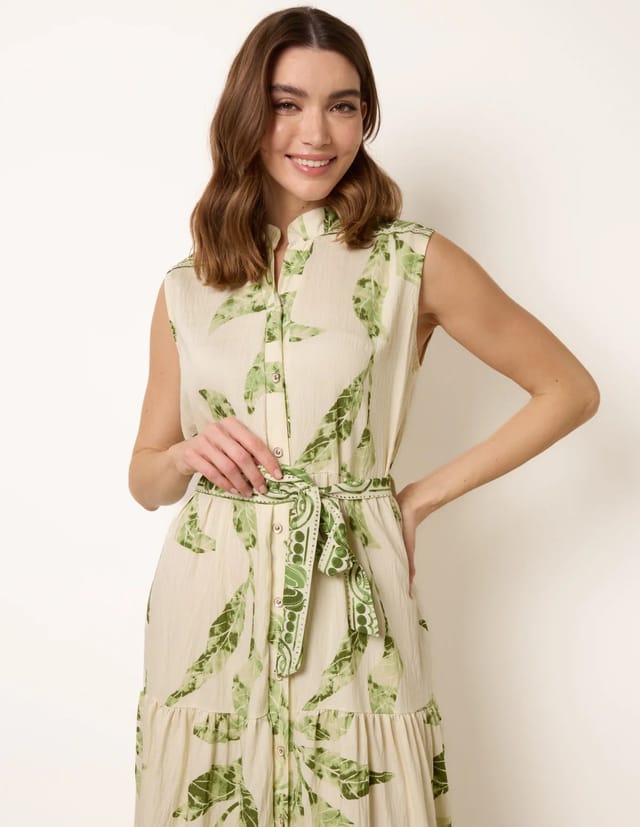 Blue Vanilla Leaf Print Collarless Shirt Dress With Belted Waist - 2
