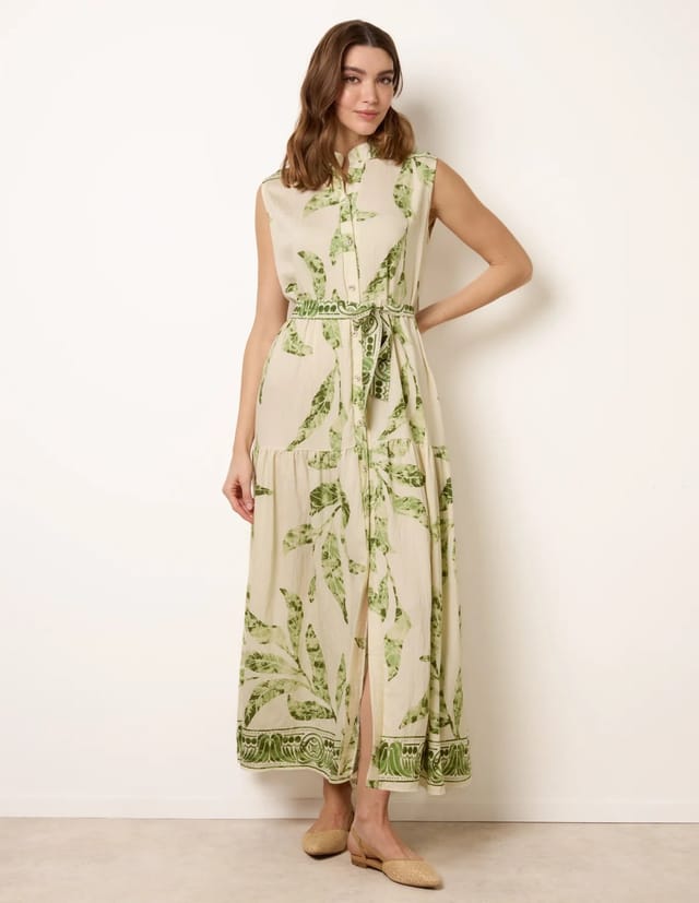 Blue Vanilla Leaf Print Collarless Shirt Dress With Belted Waist - 3