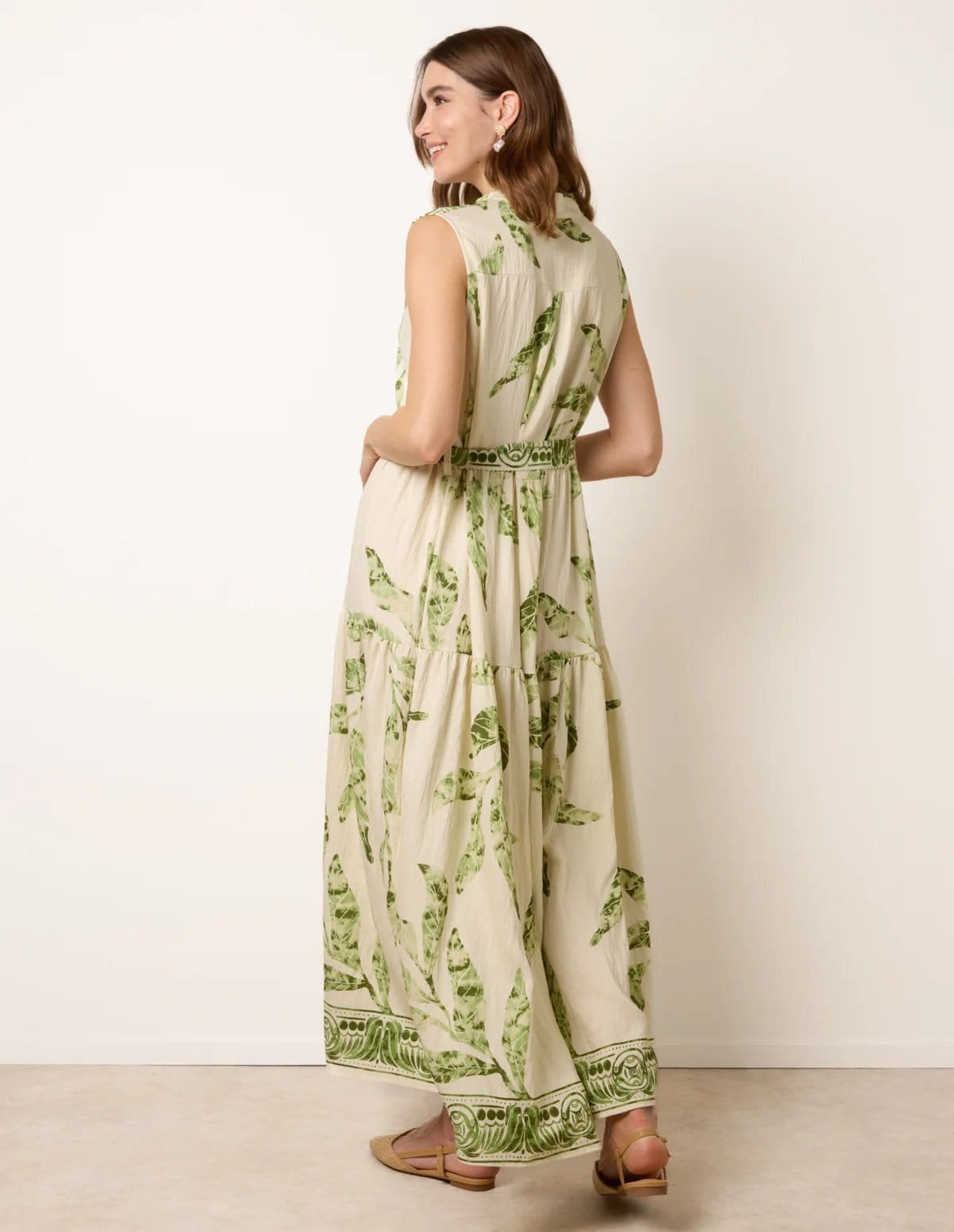 Blue Vanilla Leaf Print Collarless Shirt Dress With Belted Waist - 4
