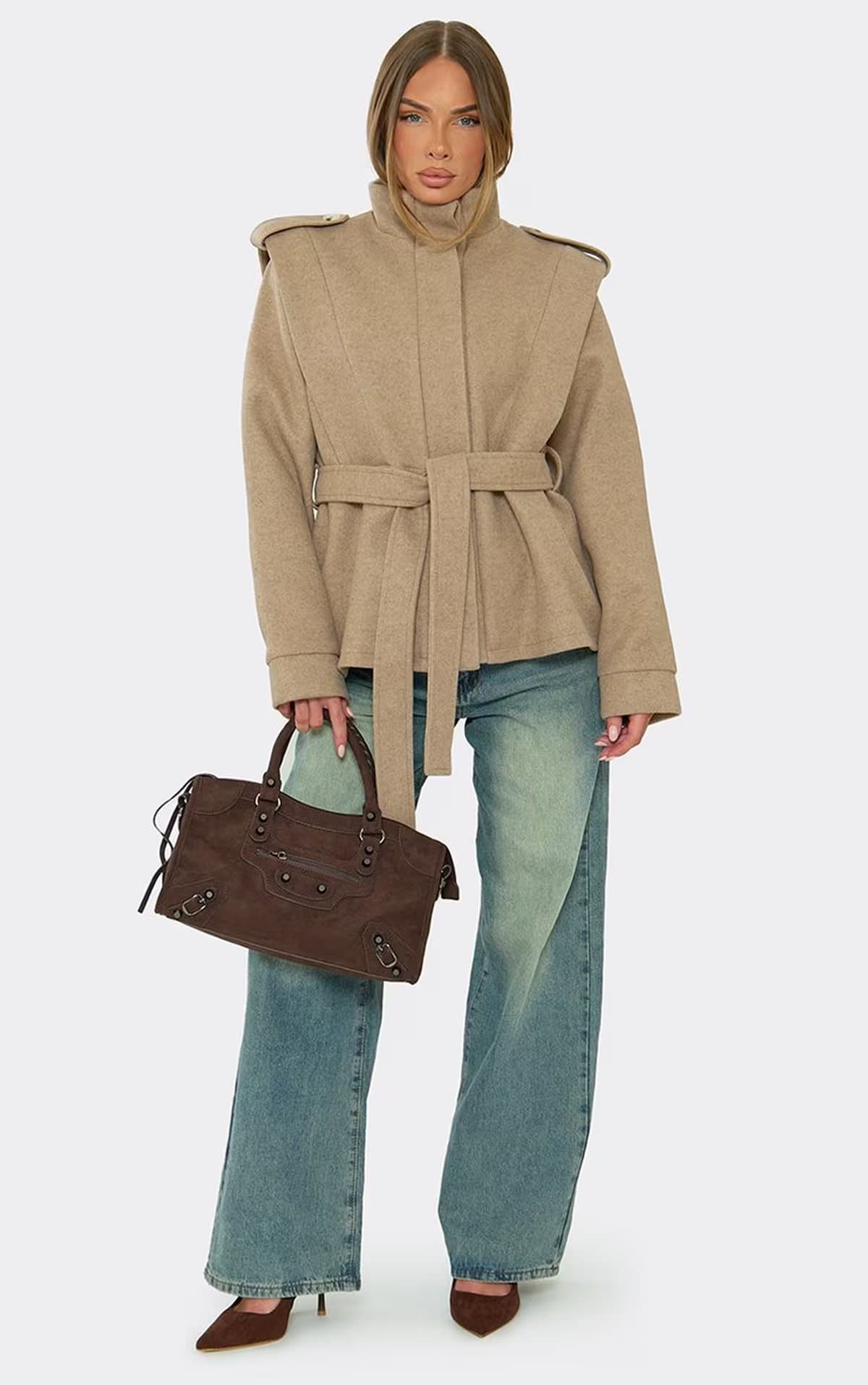 EGO Long Sleeve Funnel Neck Tie Waist Jacket In Beige Wool, Women's Size UK 6