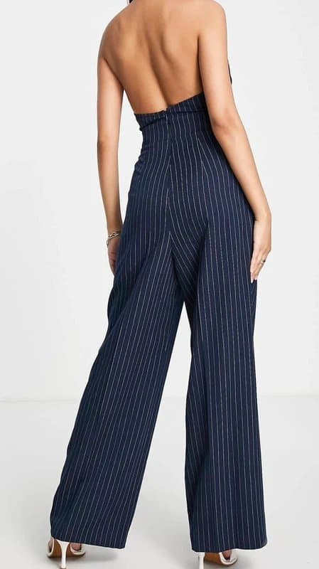 ASOS Design Halter Navy Striped Tailored Jumpsuit - Size US 10