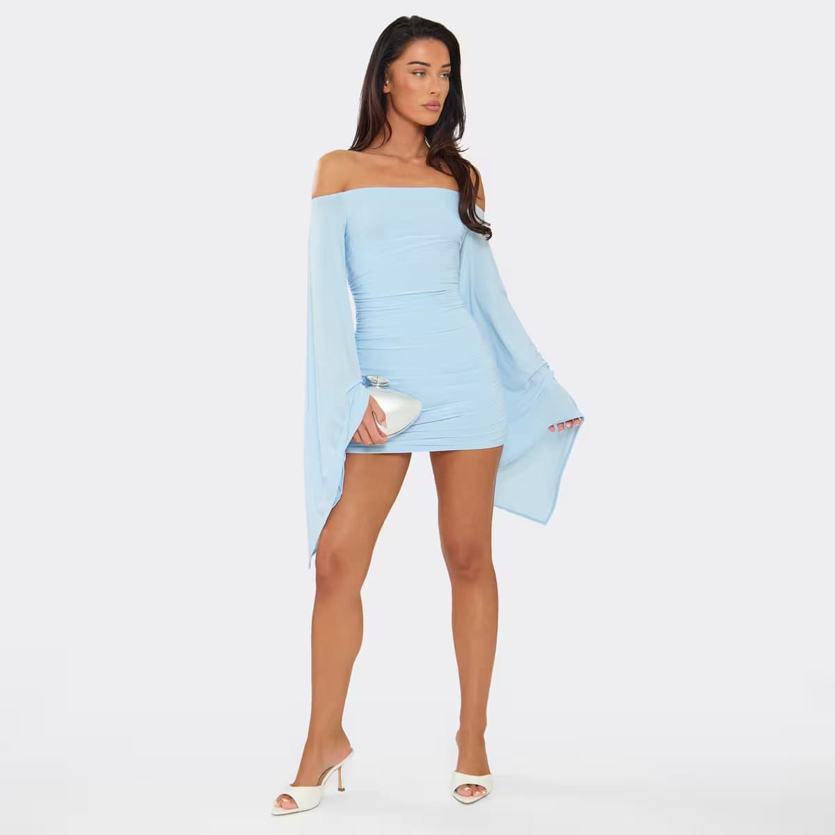 EGO Bardot Long Flared Sleeve Mini Dress In Baby Blue, Women's Size UK 8