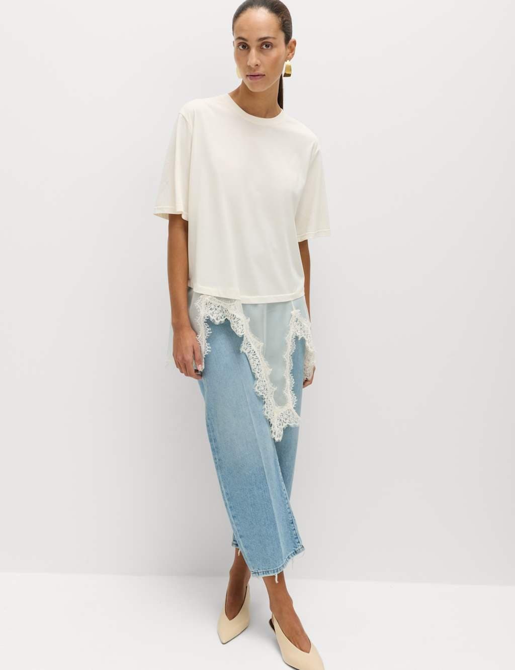 Marks & Spencer M&S Ivory Cotton Blend Lace Hem Detail T-Shirt