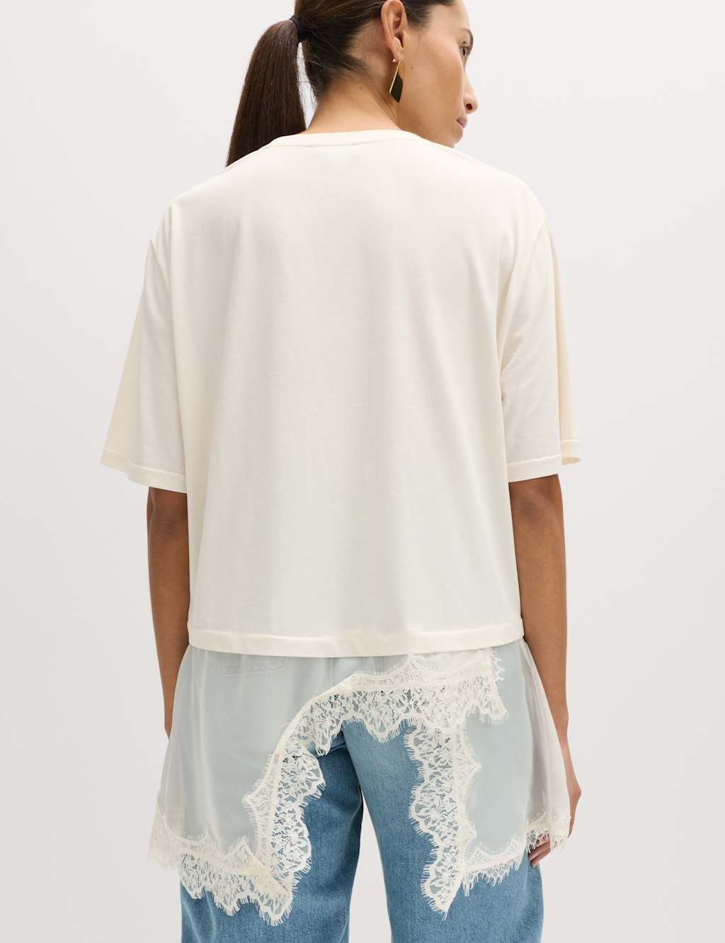 Marks & Spencer M&S Cotton Blend Lace Hem Detail T-Shirt Ivory - 2