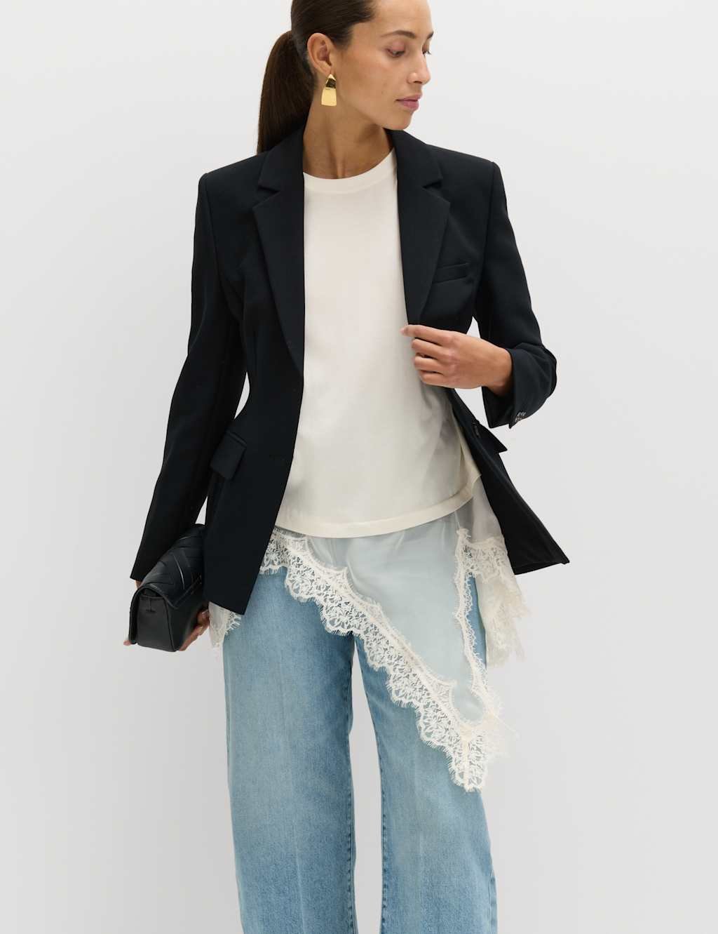 Marks & Spencer M&S Cotton Blend Lace Hem Detail T-Shirt Ivory - 3