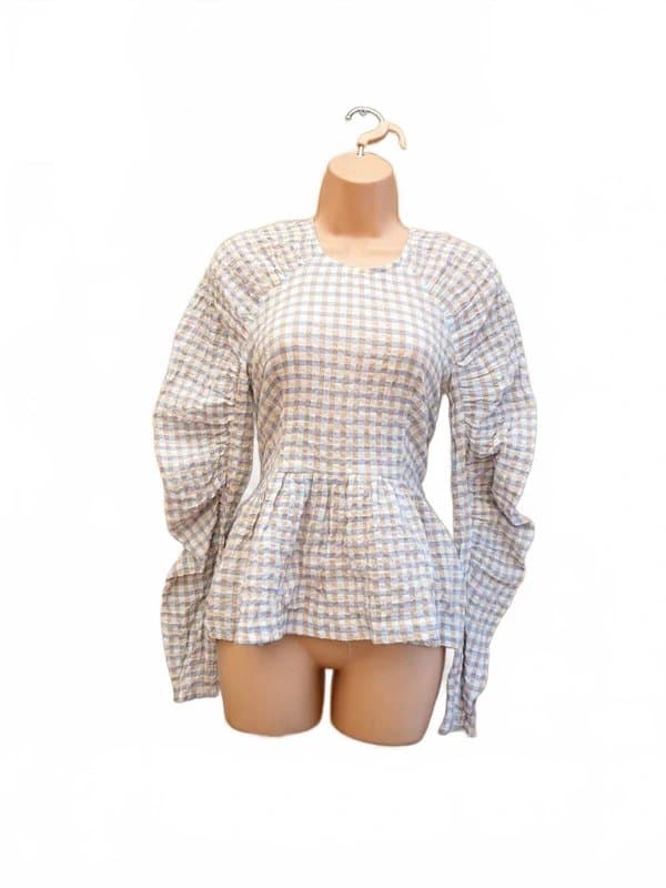 Topshop Topshop White Lilac Gingham Cotton Ruched Long Sleeve Tie Back Blouse Top 8 S
