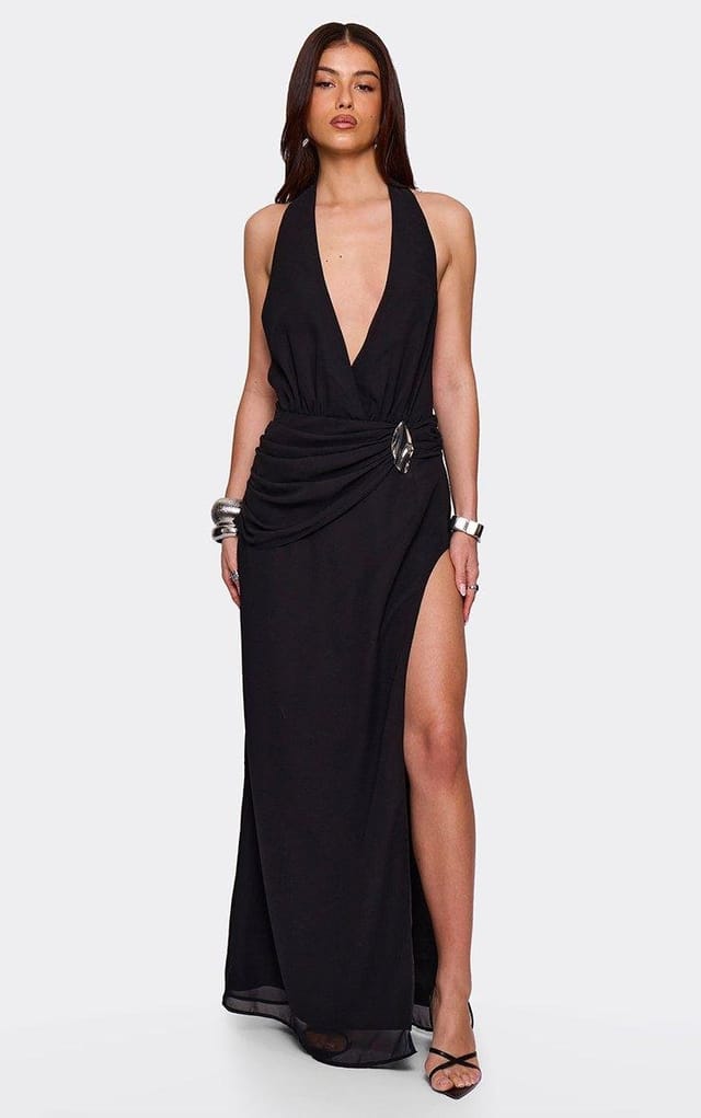 EGO Plunge Halterneck Trim Detail Split Leg Maxi Dress In Black, Women's Size UK L - 2