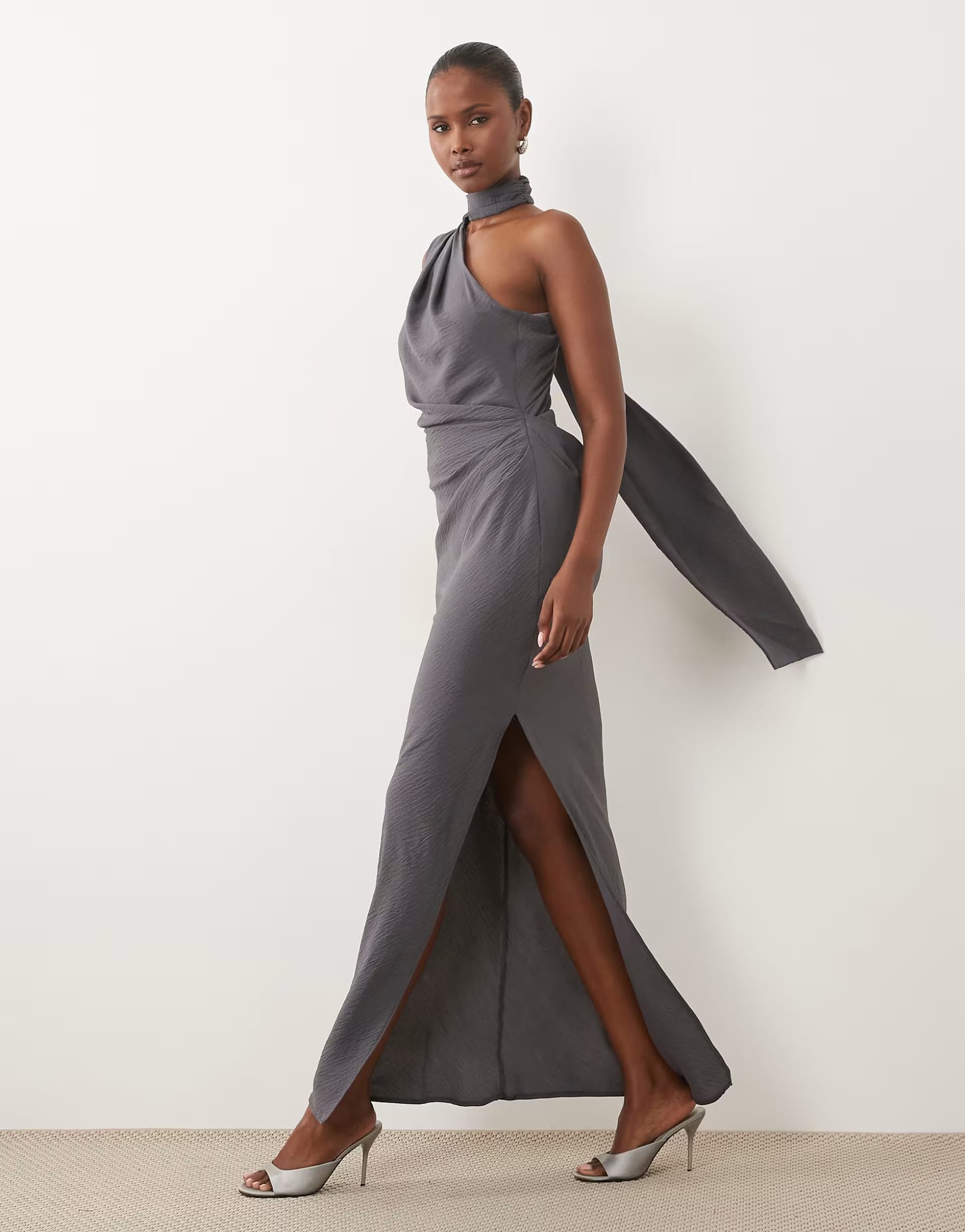 ASOS DESIGN One Shoulder Gathered Waist Maxi Dress With Scarf In