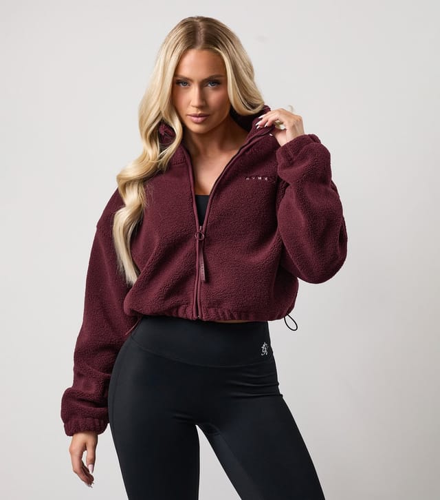 Gym King Women's Burgundy Borg Cropped Zip Up Top Gym King New Look - 2