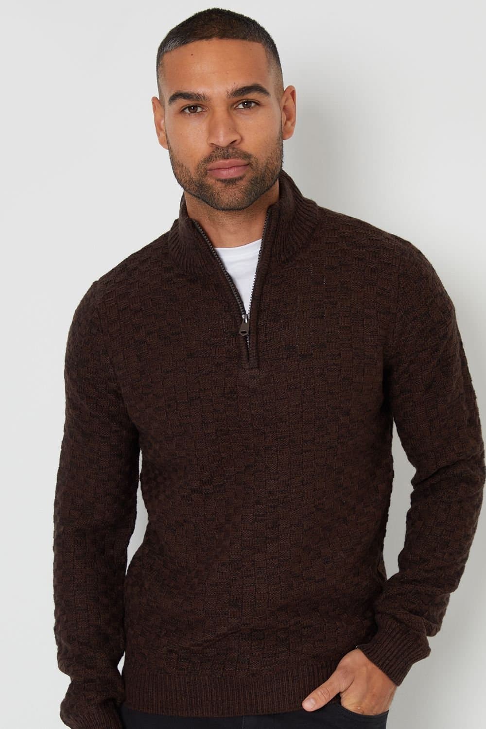 Threadbare Threadbare Men's 'Eskdale' Textured Quarter Zip Jumper With Wool in Brown