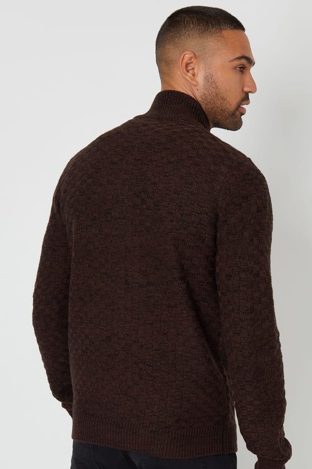 Threadbare Threadbare Men's 'Eskdale' Textured Quarter Zip Jumper With Wool in Brown - 2