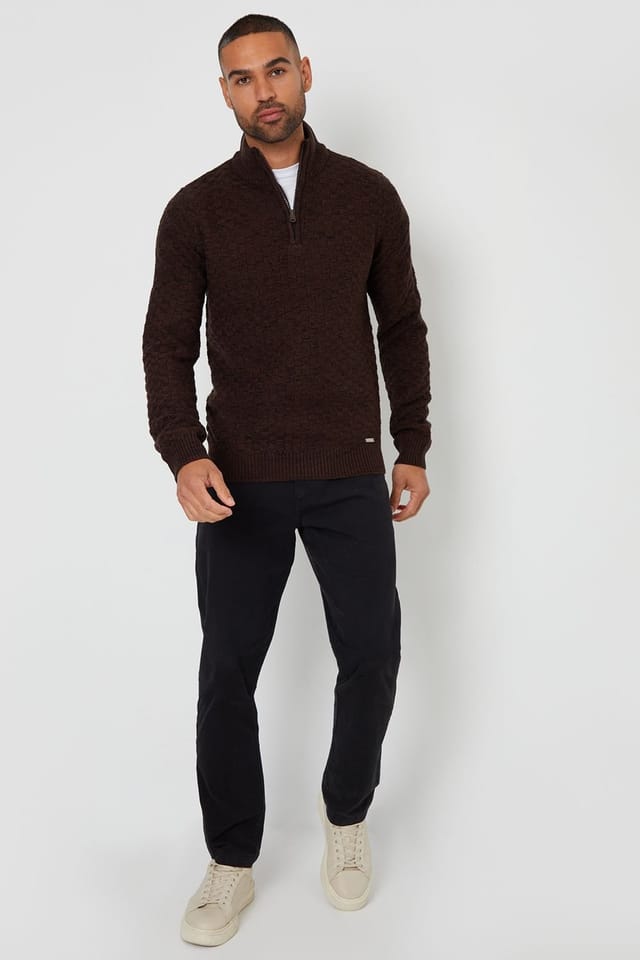 Threadbare Threadbare Men's 'Eskdale' Textured Quarter Zip Jumper With Wool in Brown - 3
