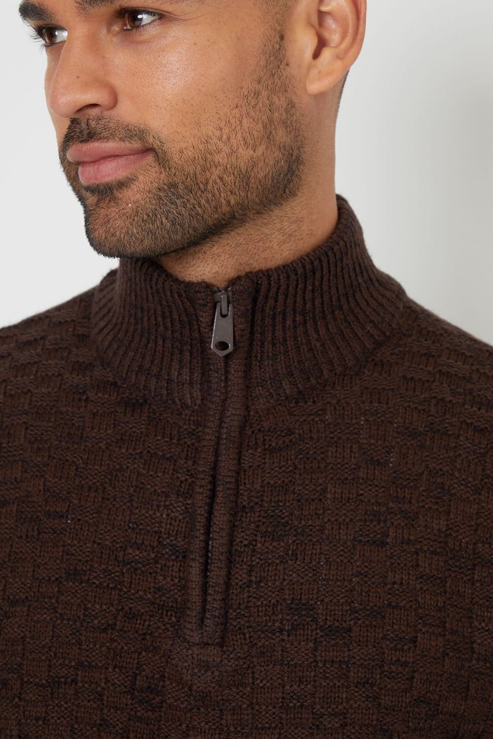Threadbare Threadbare Men's 'Eskdale' Textured Quarter Zip Jumper With Wool in Brown - 4