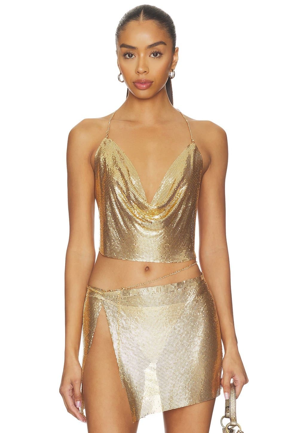 revolve Revolve Gold Metallic Crop Top & Skirt Set