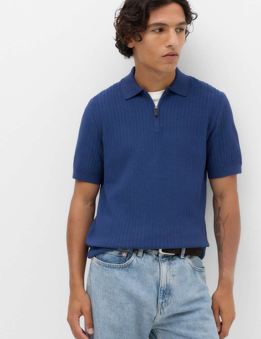 Marks & Spencer M&S Cotton Blend Ribbed Zip Up Polo Shirt Dark Marine