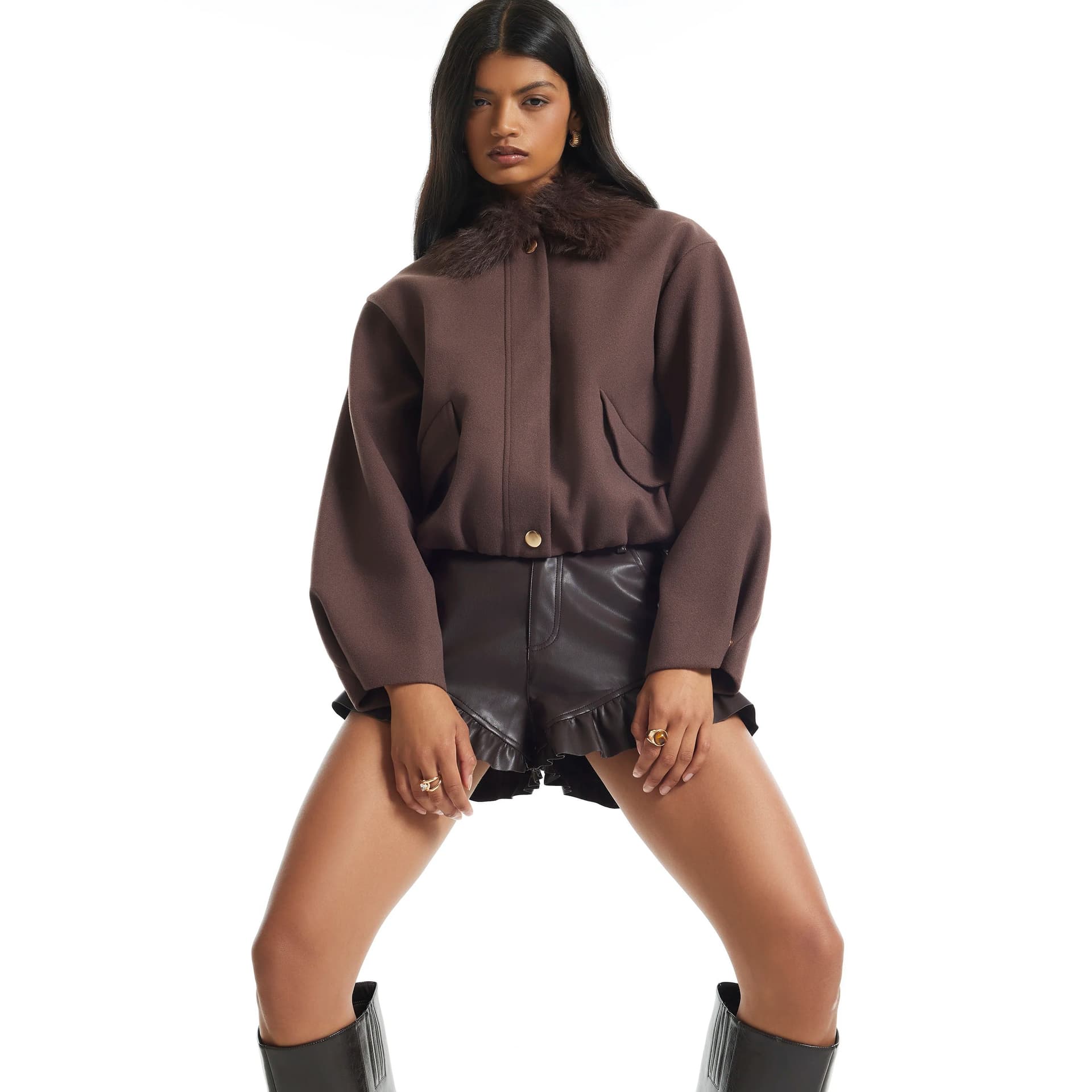 River Island River Island Womens Brown Faux Fur Collar Jacket