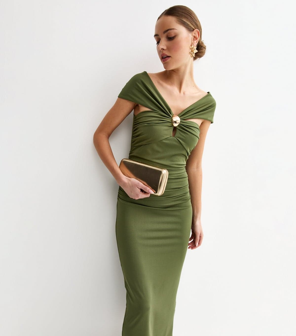 New Look Women's Khaki Off The Shoulder Embellishment Detail Midi Dress New Look