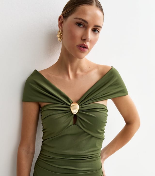 New Look Women's Khaki Off The Shoulder Embellishment Detail Midi Dress New Look - 2