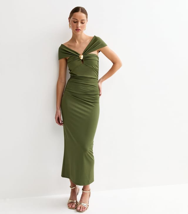 New Look Women's Khaki Off The Shoulder Embellishment Detail Midi Dress New Look - 3