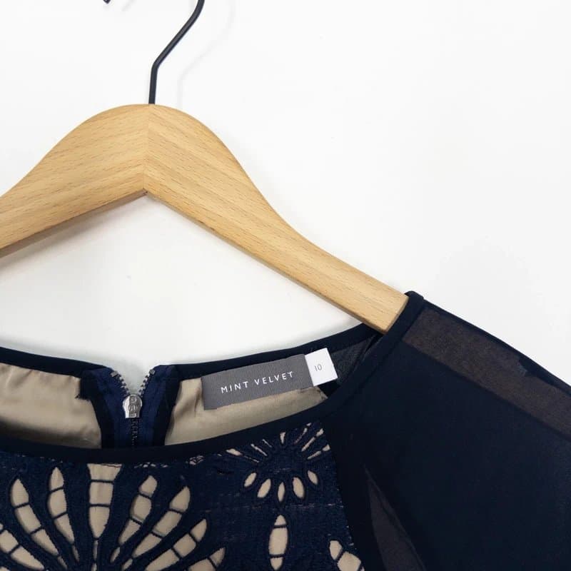 Mint Velvet Mint Velvet Navy Laser Cut Lace Blouse Size 10 Fluted Sleeve Chiffon Top