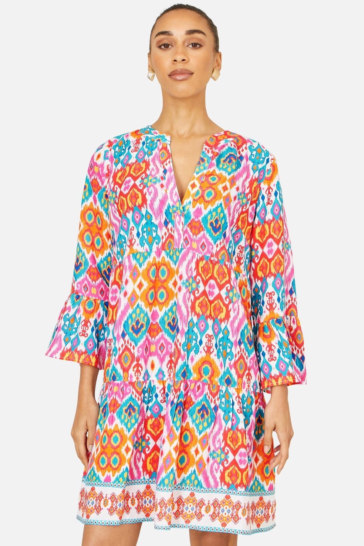 Yumi Yumi Women's Multicolour Ikat Print Viscose Beach Tunic in Fuchsia
