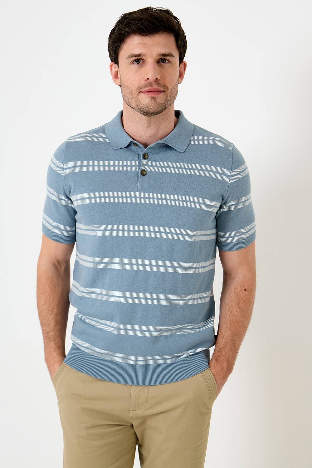 Saltwell Saltwell Men's Jacquard Stripe Short Sleeve Cotton Polo Shirt in Light Blue - 2