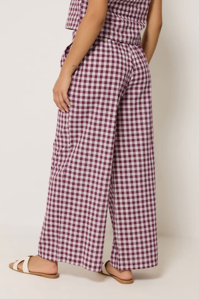 PixieGirl PixieGirl Women's Petite Gingham Cotton Top & Wide Leg Trousers in Burgundy - 2