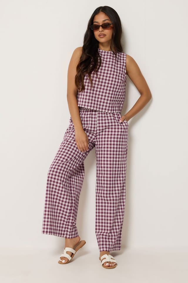 PixieGirl PixieGirl Women's Petite Gingham Cotton Top & Wide Leg Trousers in Burgundy - 3