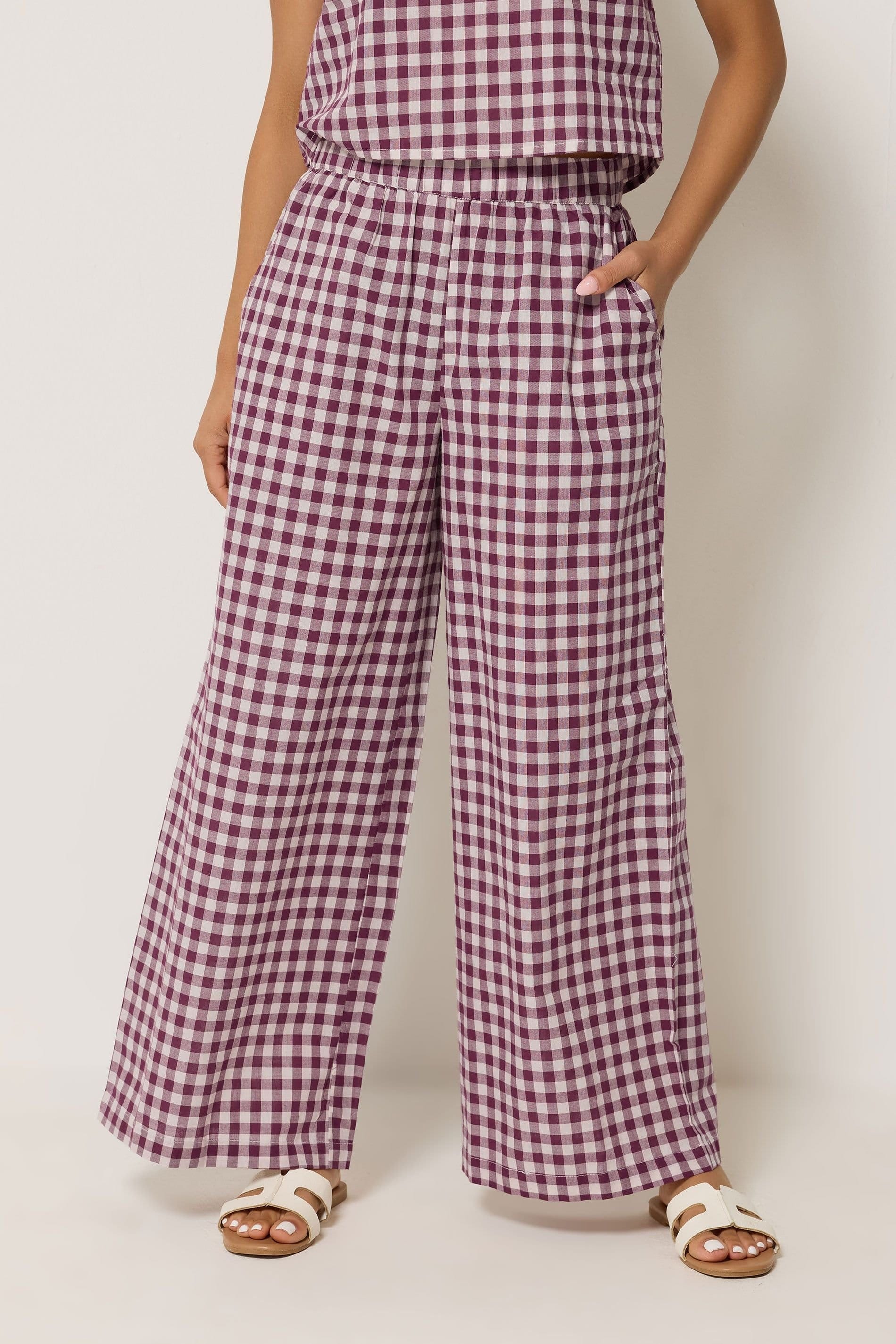 PixieGirl PixieGirl Women's Petite Gingham Cotton Top & Wide Leg Trousers in Burgundy - 4