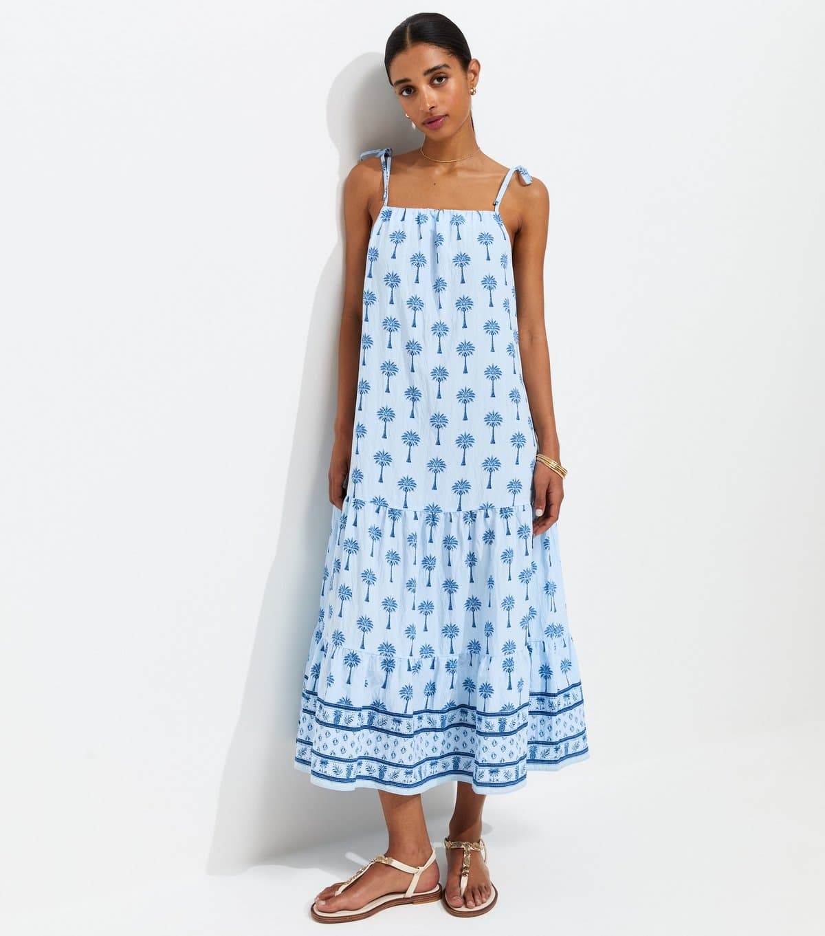 New Look Women's Blue Palm Print Tiered Midi Dress New Look