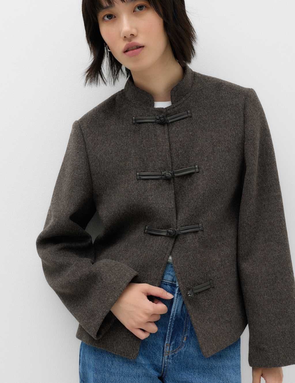 Marks & Spencer M&S Textured Knot Button Detail Short Jacket Charcoal Mix