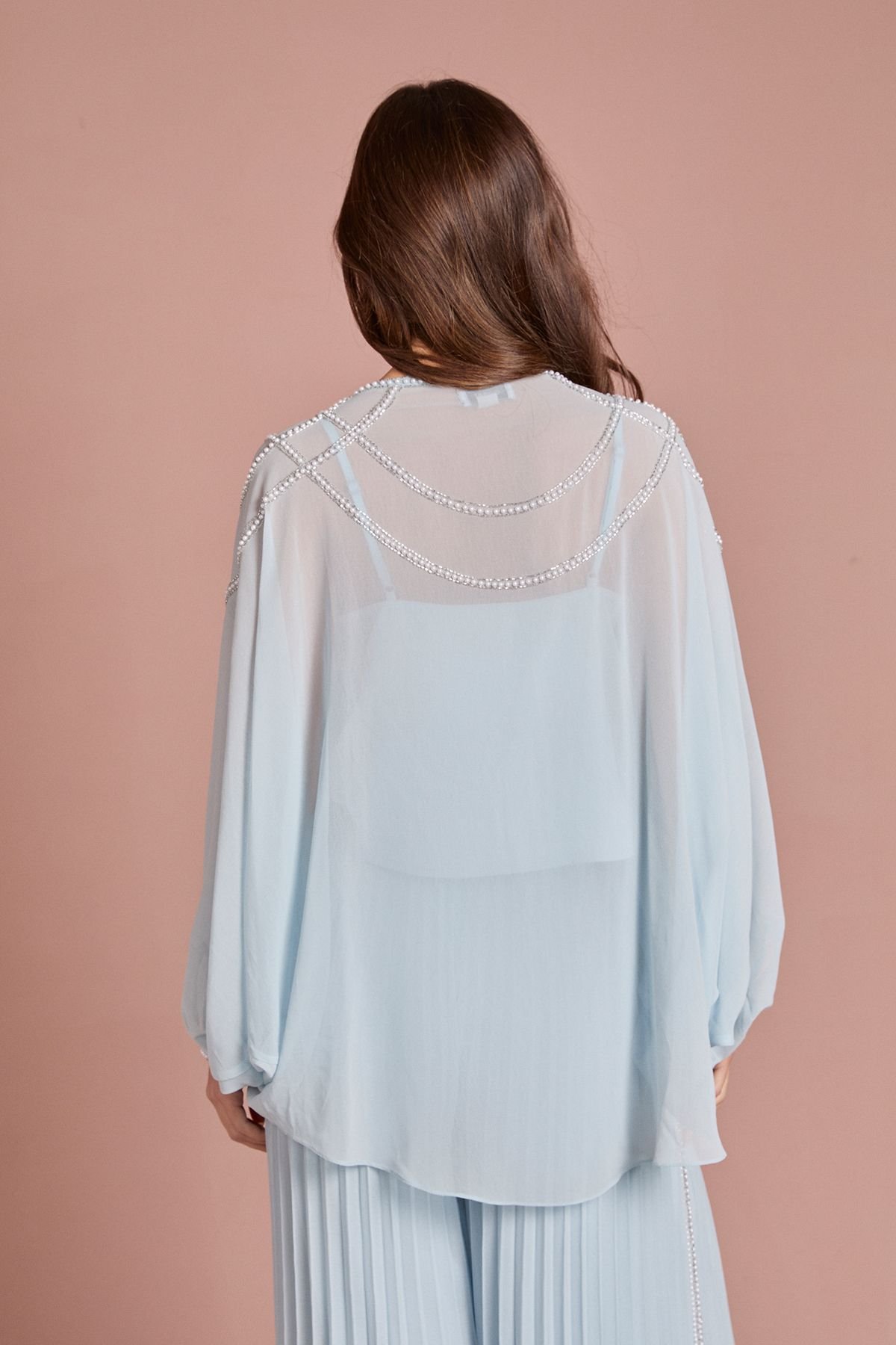 Coast Coast Women's Chiffon Pearl Detail Cape Sleeve Blouse Co Ord in Light Blue - 3