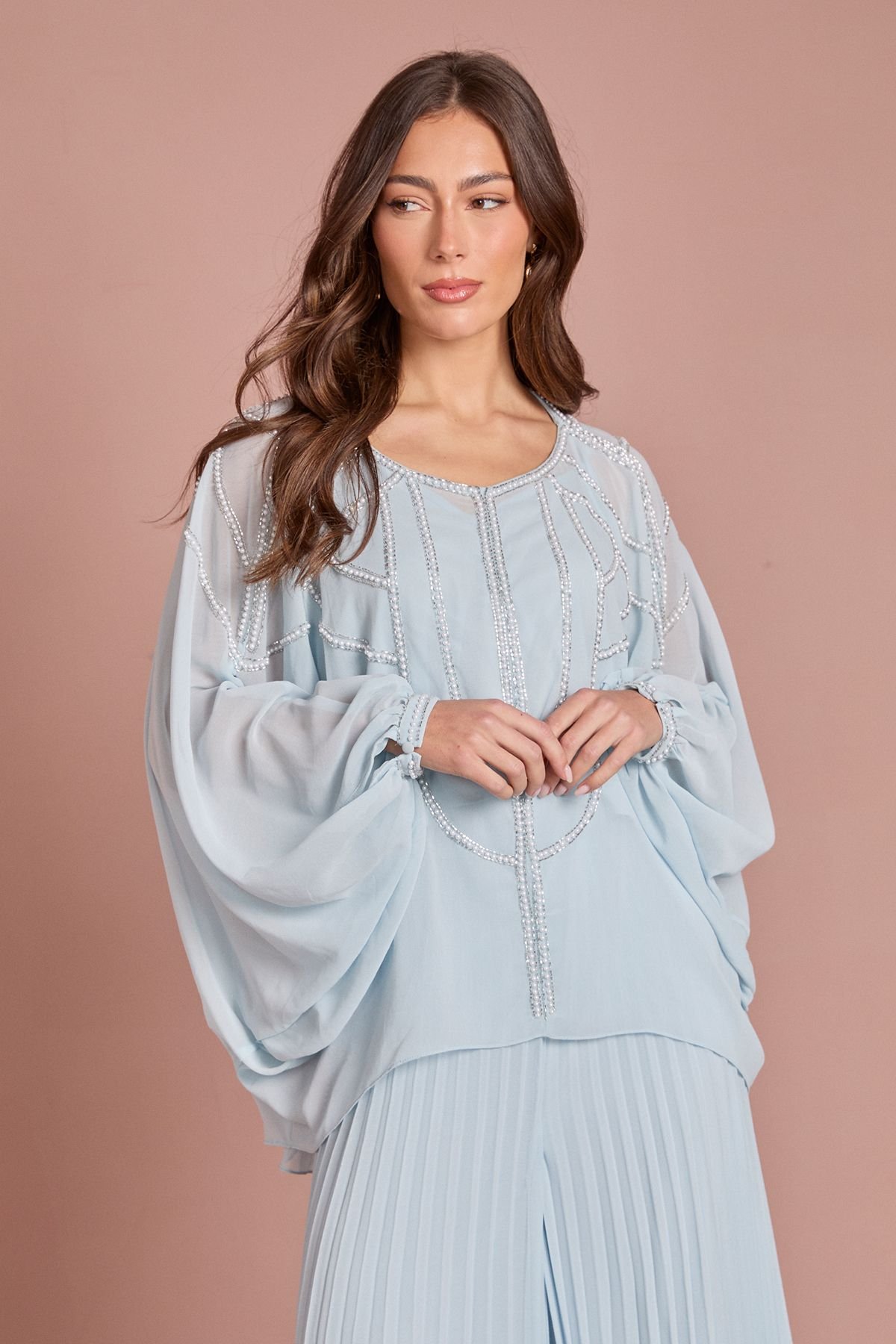 Coast Coast Women's Chiffon Pearl Detail Cape Sleeve Blouse Co Ord in Light Blue - 4