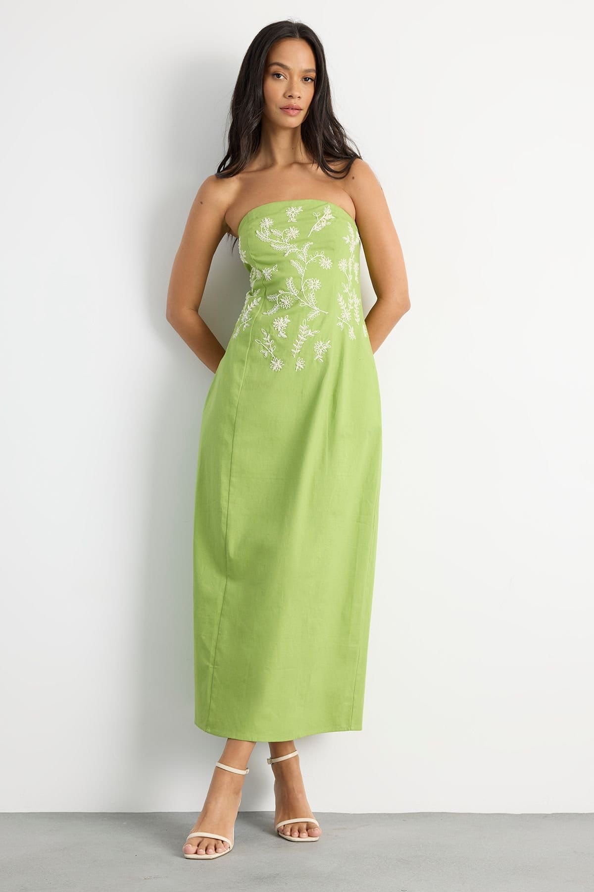 Warehouse Olive Cotton Bandeau Midi Dress