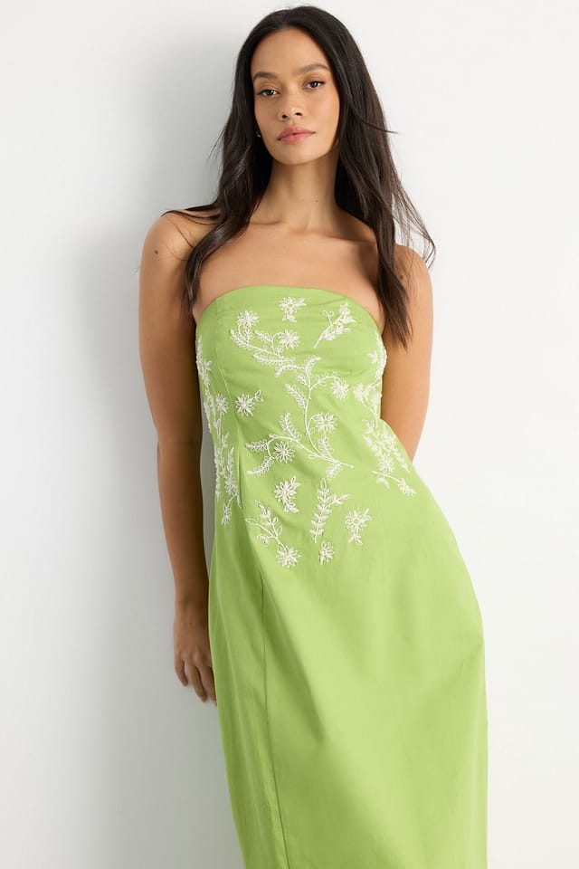 Warehouse Warehouse Women's Embroidered Bandeau Midi Dress in Olive - 2