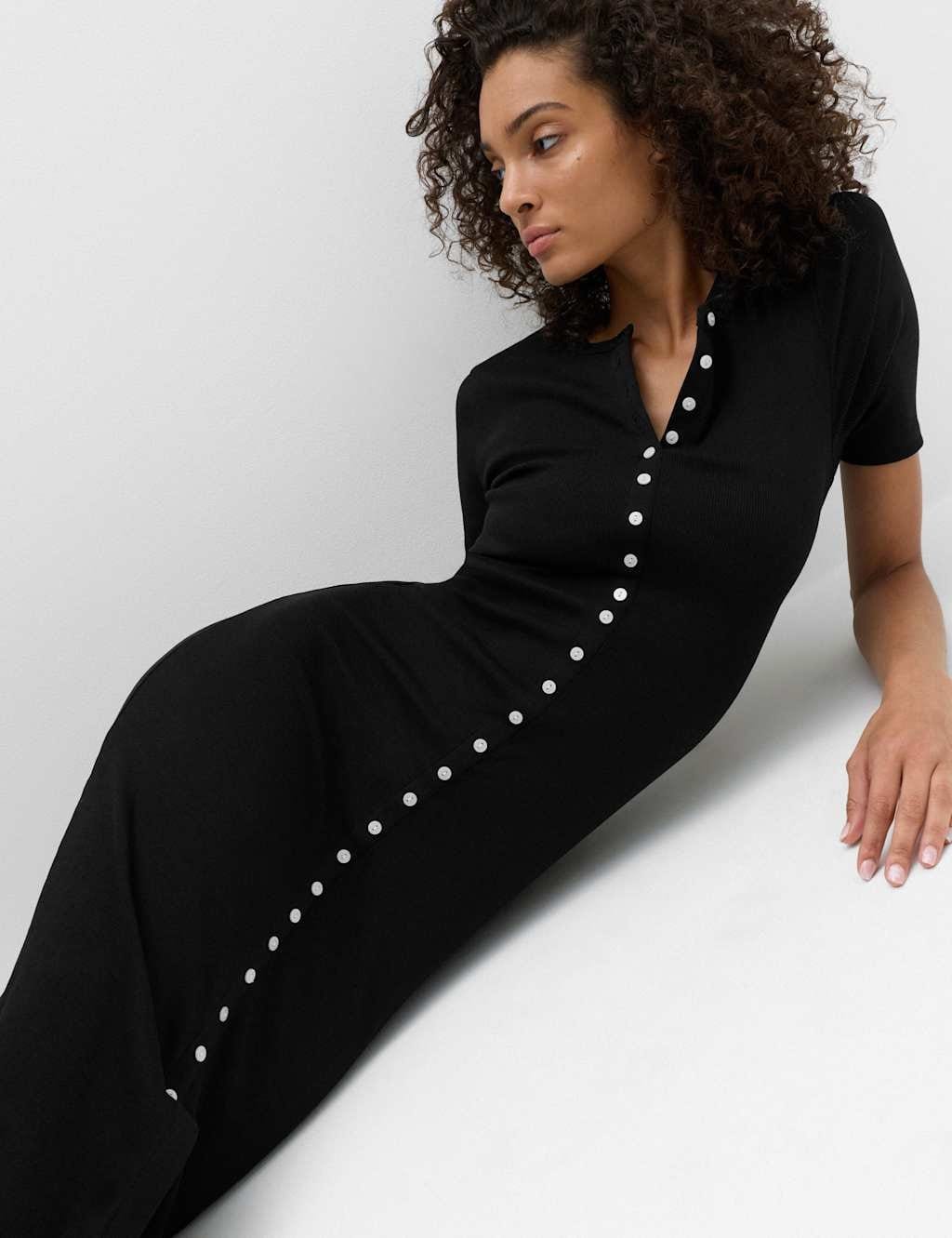 M&S Black Cotton Rich Ribbed Midi Column Dress