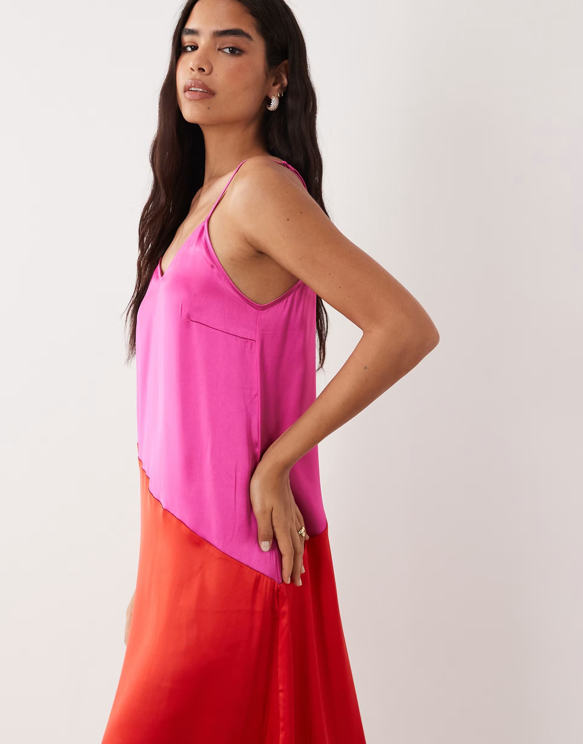ASOS Vila satin cami maxi dress in pink and red contrast